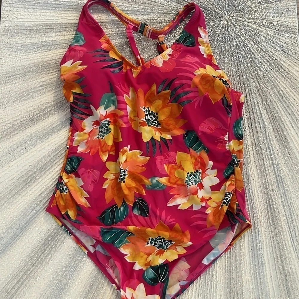 Kona Sol Pink Floral One Piece Swimsuit plus size 22W built in bra full cov